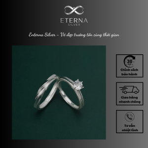 Nhẫn Bạc Đôi Eterna Silver – Đôi Sóng Trụ Đá Sáu Chấu Thân Viền Hạt
